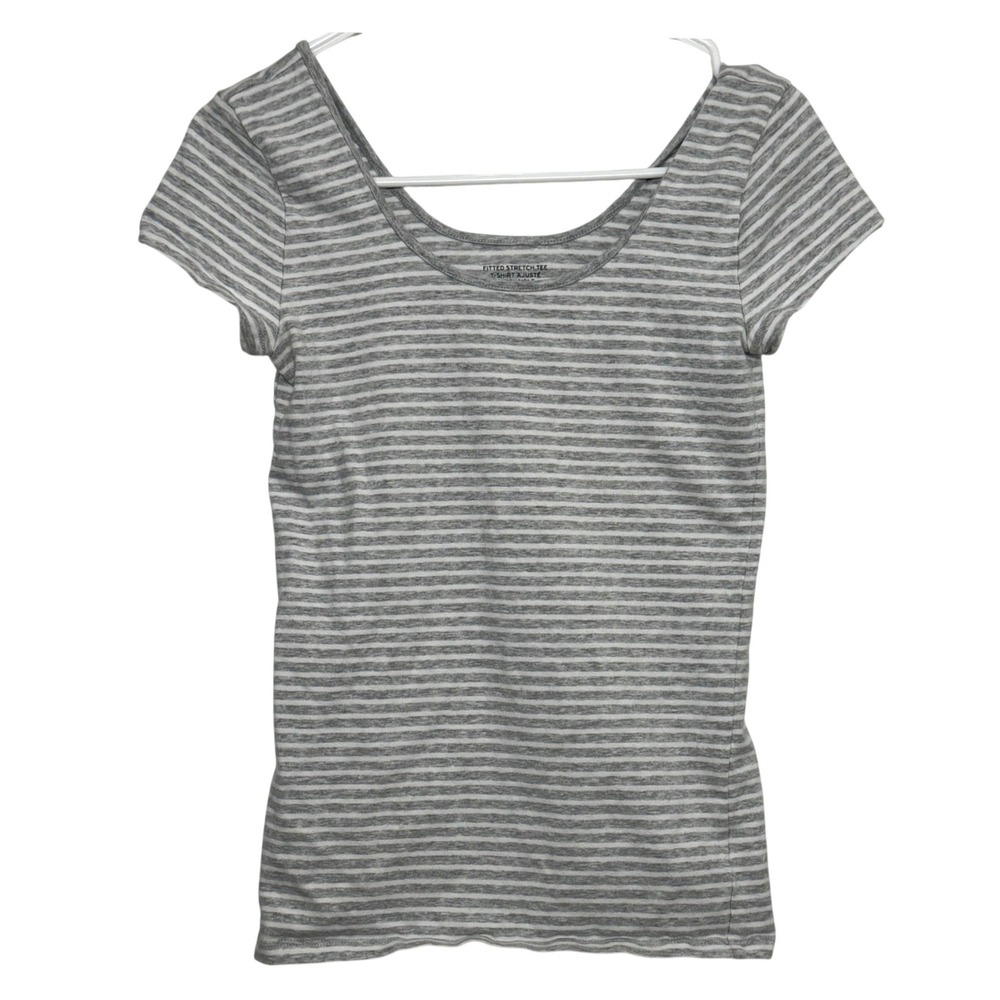 Gap Fitted Stretch Tee Grey White Striped Scoop Back Womens Small S Casual Basic